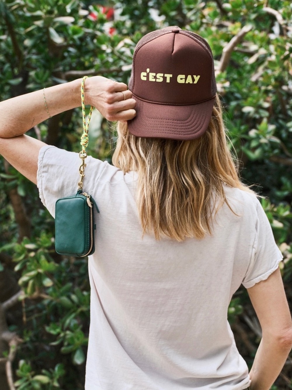 Clare V Brown Trucker Hat with Yellow "C'EST GAY" Logo